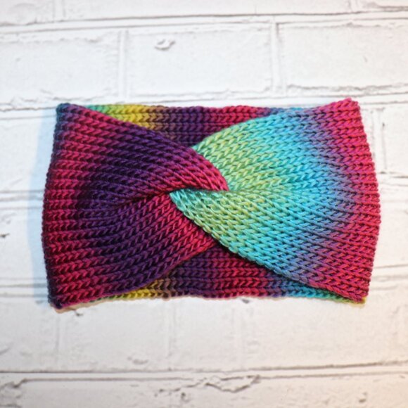 🌈🌀 Twisted Knit Headband – Rainbow Stripes · Handmade · One Size - Picture 1 of 4